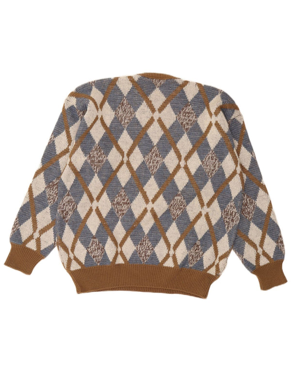Vintage hombres cuello redondo jersey suéter IT 52 grande marrón Argyle/diamante