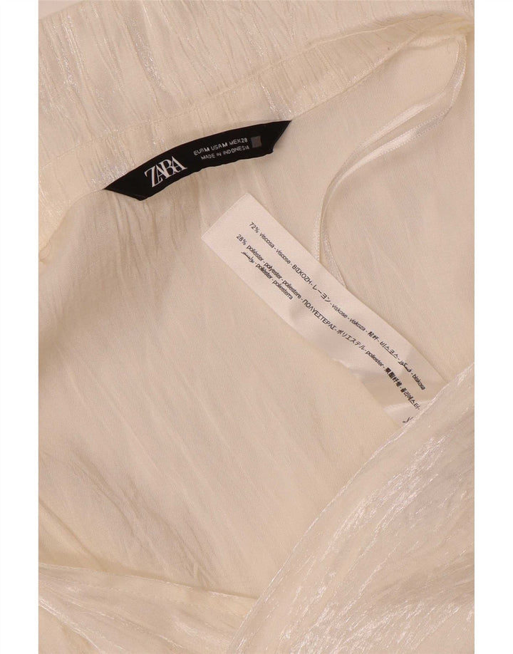 Zara Mujer Blusa De Manga Larga Top UK 42 Medio Viscosa Blanca