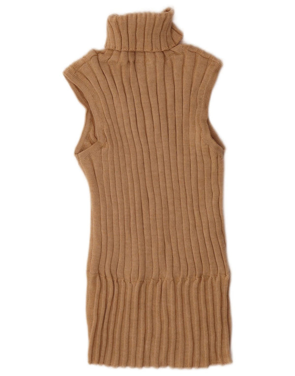 Vintage Womens Roll Neck Vest Tank Top UK 12 Medium Beige Merino Wool