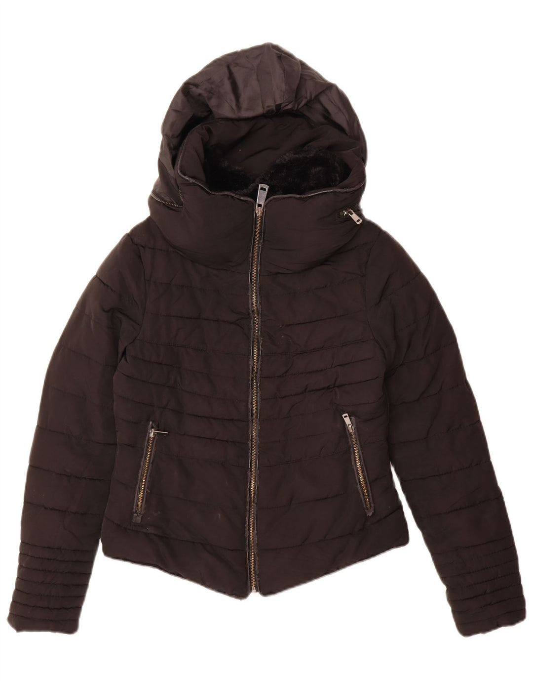 Zara Mujer Chaqueta Acolchada Con Capucha UK 10 Small Black