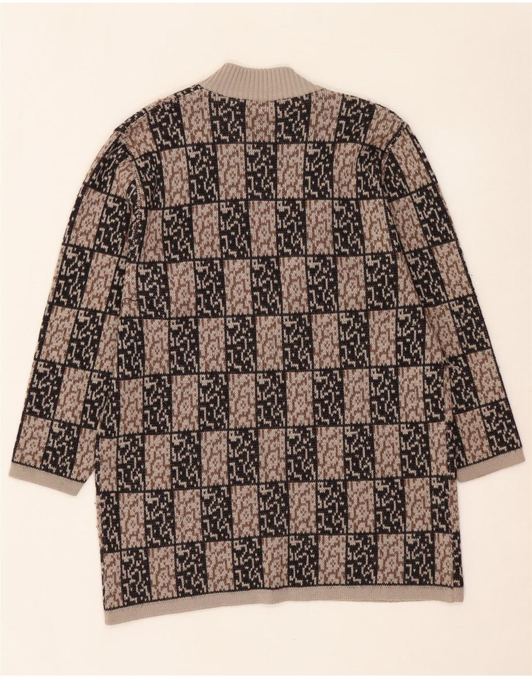 VINTAGE Mujer Longline Open Cardigan Suéter IT 44 Marrón Medio Geométrico