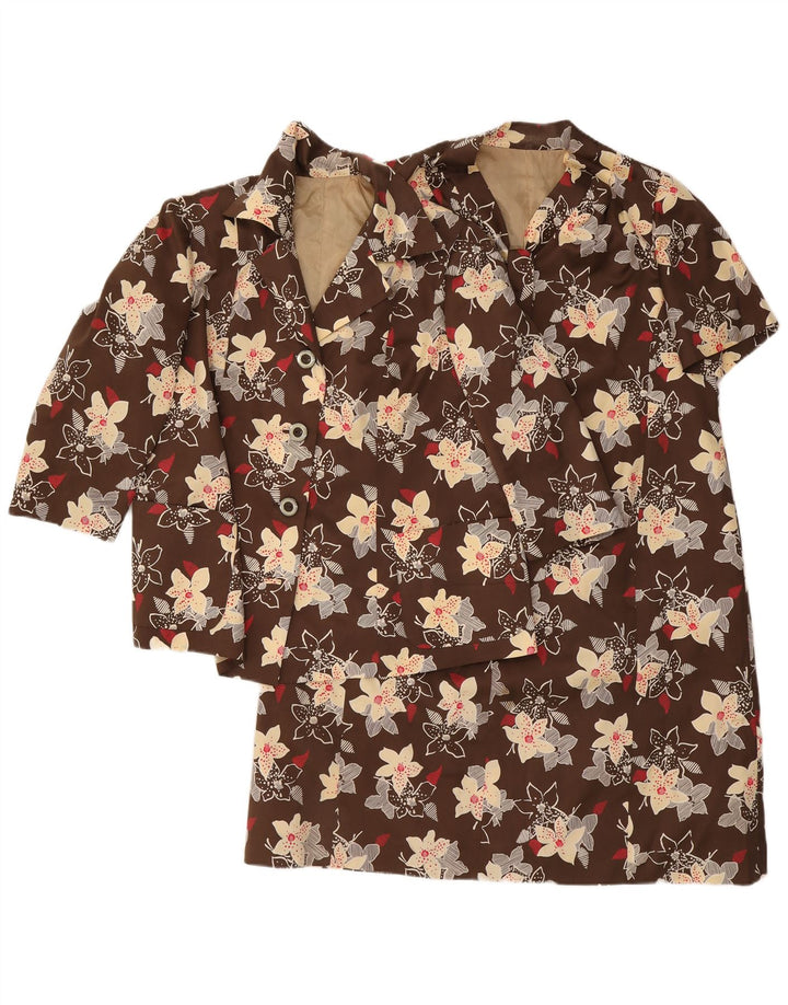 Vintage mujer 3/4 manga 4 botones 2 piezas conjunto Reino Unido 12 marrón medio floral