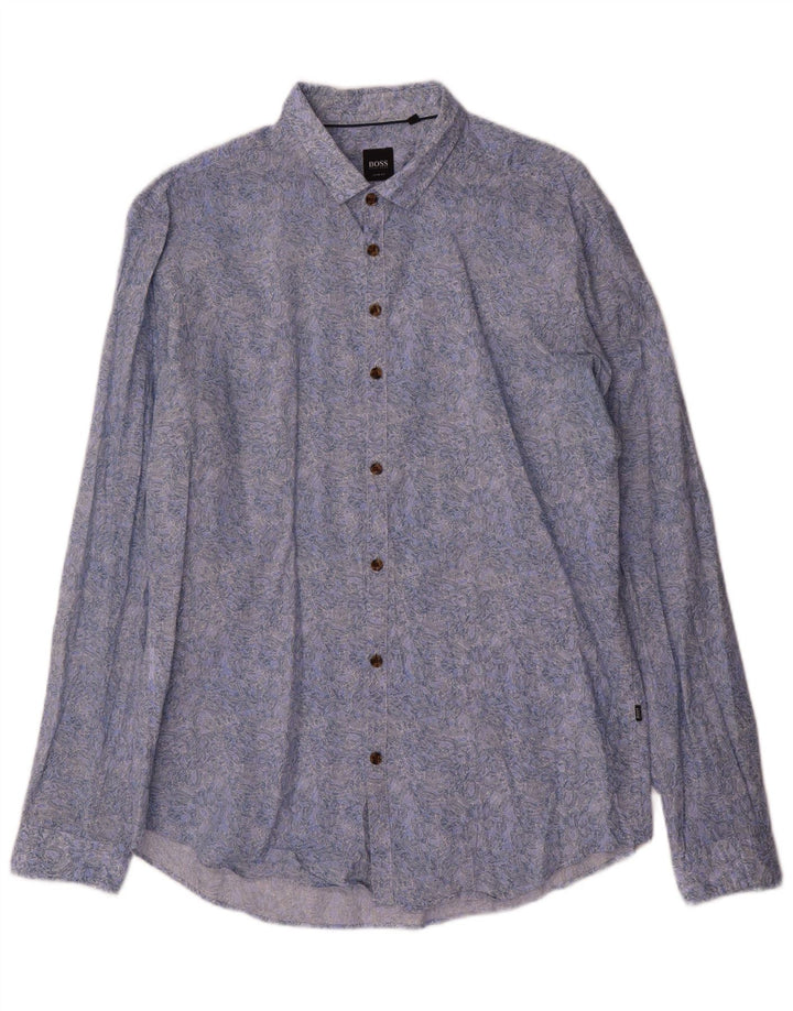 Camisas Hugo Boss Hombre | Camisa ajustada con estampado abstracto de algodón azul grande