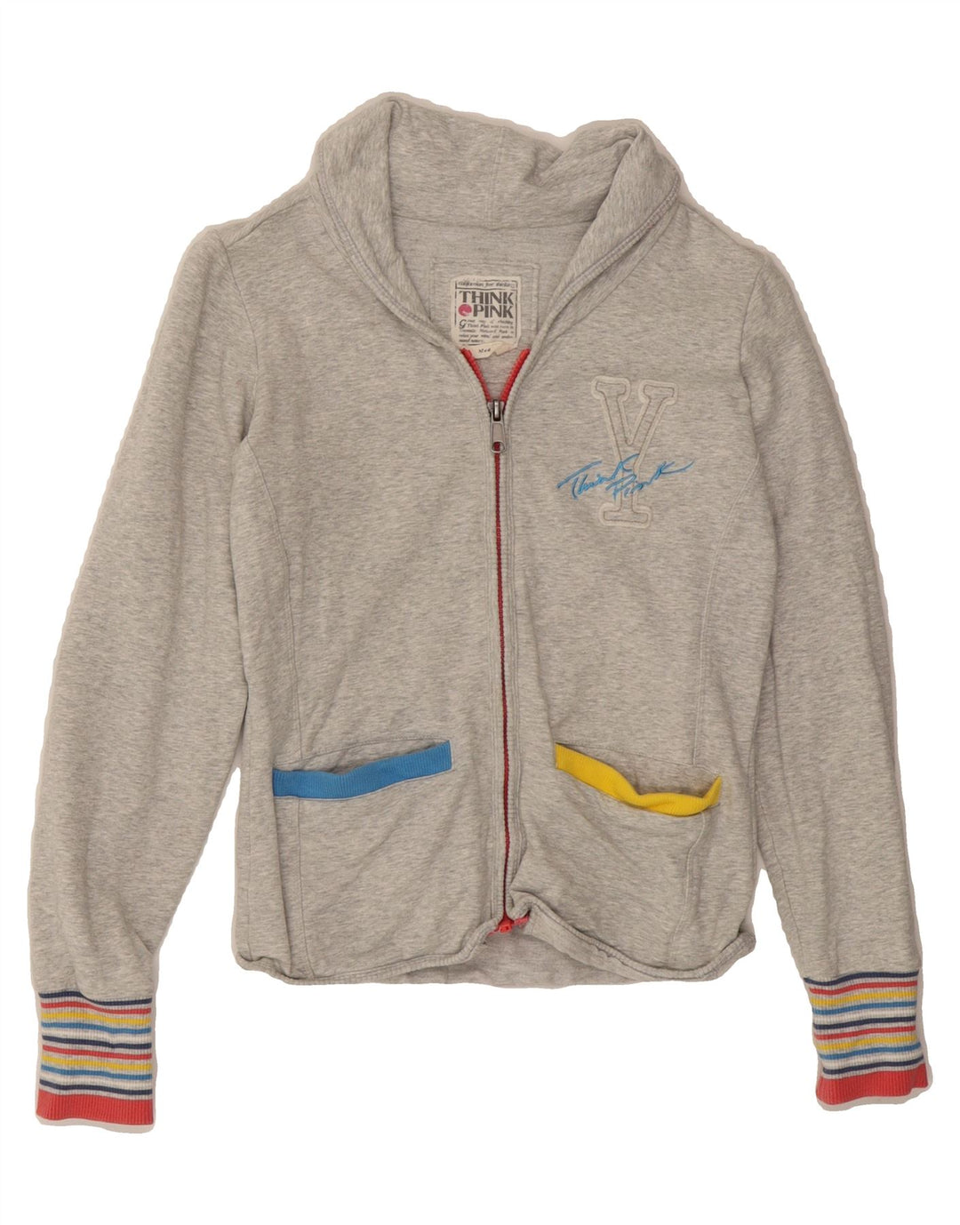 THINK PINK Womens Crop Graphic Tracksuit Top Jacket UK 12 Medium  Grey Vintage Think Pink and Second-Hand Think Pink from Messina Hembry 