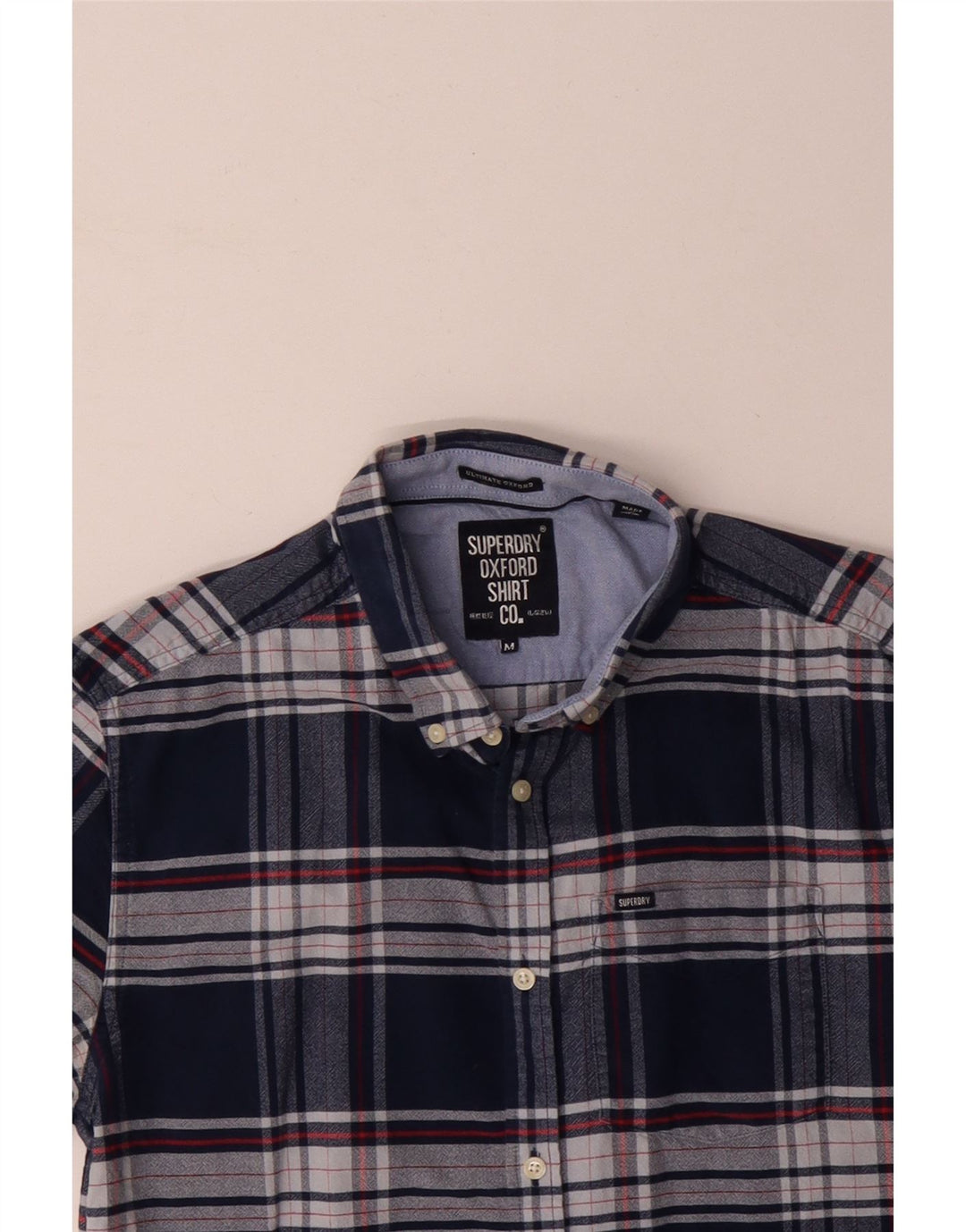 SUPERDRY Hombre Camisa De Manga Corta De Algodón A Cuadros Azul Marino Medio