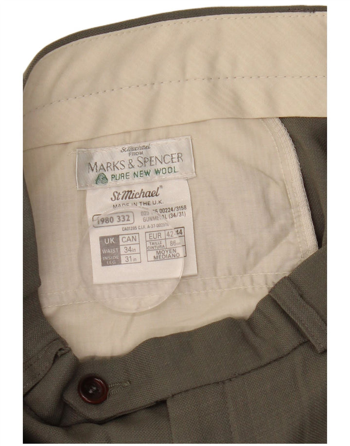 Marks & Spencer Pantalón de traje con pinzas para hombre W34 L31 Lana gris