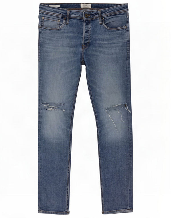 Jack & Jones Mens GLENN Distressed Slim Jeans W33 L32 Algodón azul