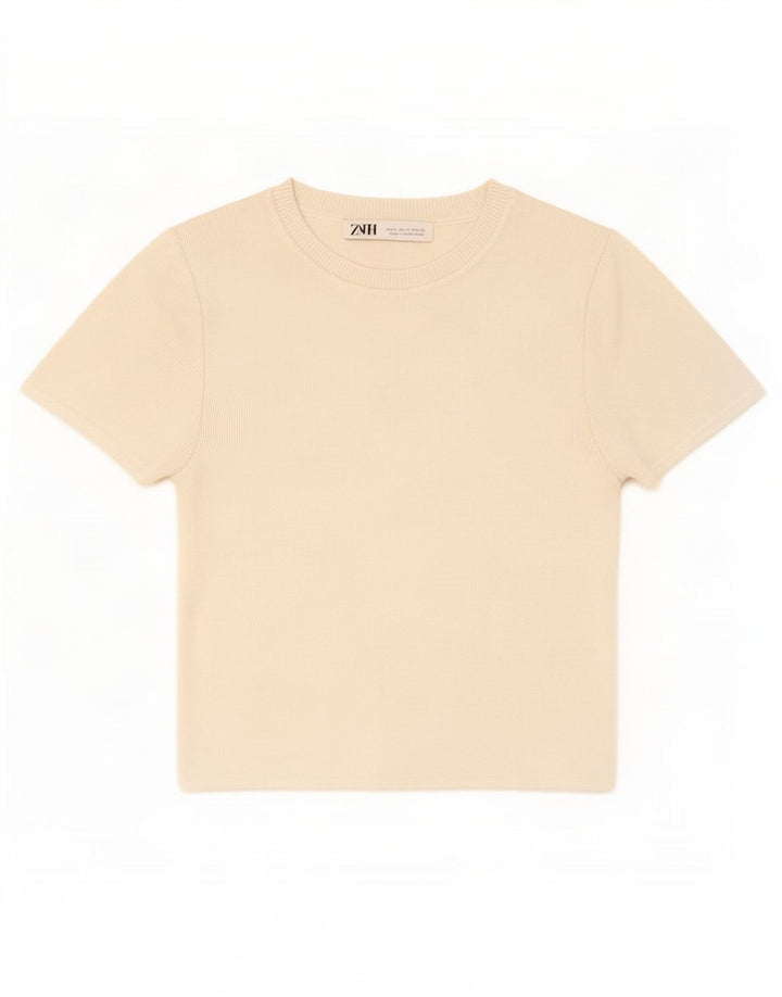 Zara Mujer Crop Camiseta Top UK 12 Medium White Viscosa