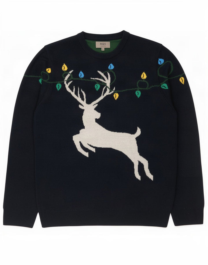 Marks & Spencer - Jersey de cuello redondo para hombre, talla grande, azul marino, Navidad