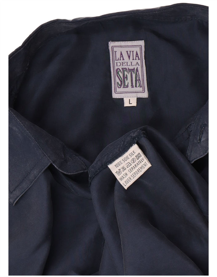 Camisa vintage para hombre grande de seda azul marino