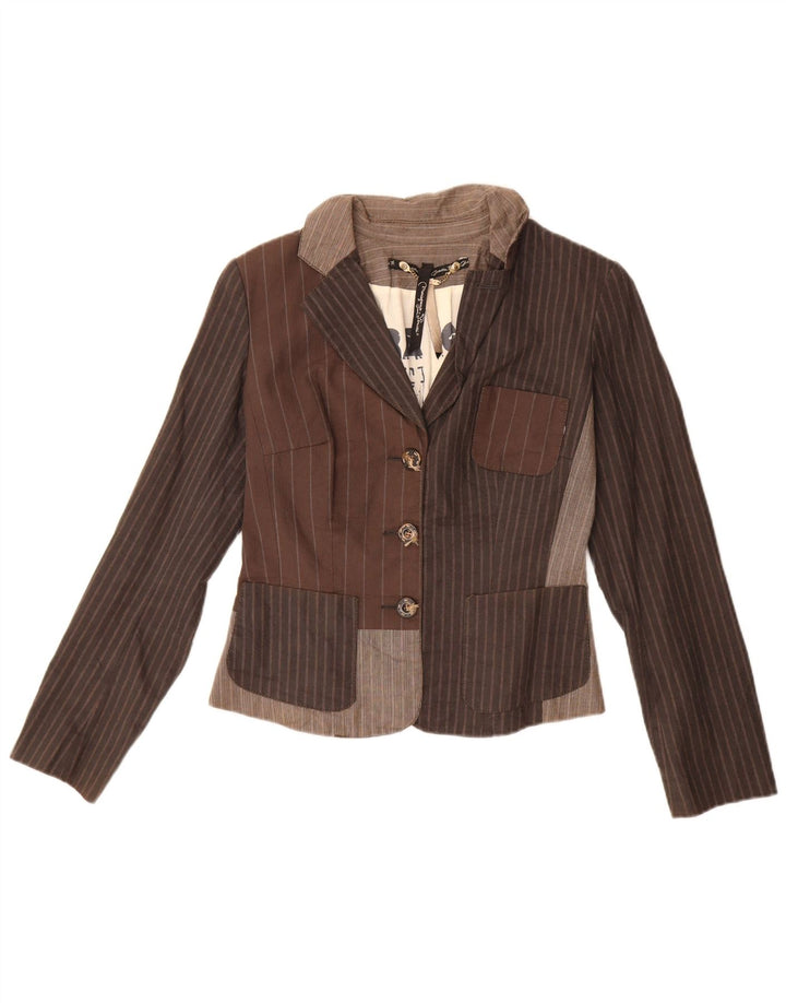 Vintage mujer crop 3 botones chaqueta blazer IT 42 marrón medio rayas