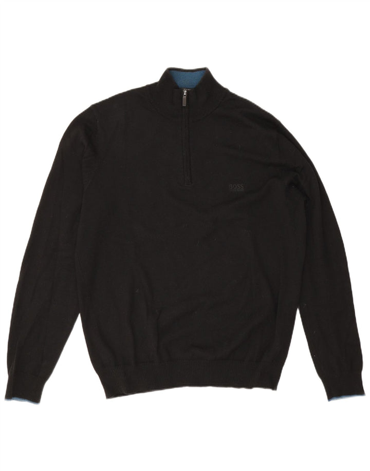 Hugo Boss Jersey de corte regular con cuello y cremallera para hombre, talla grande, de lana negra