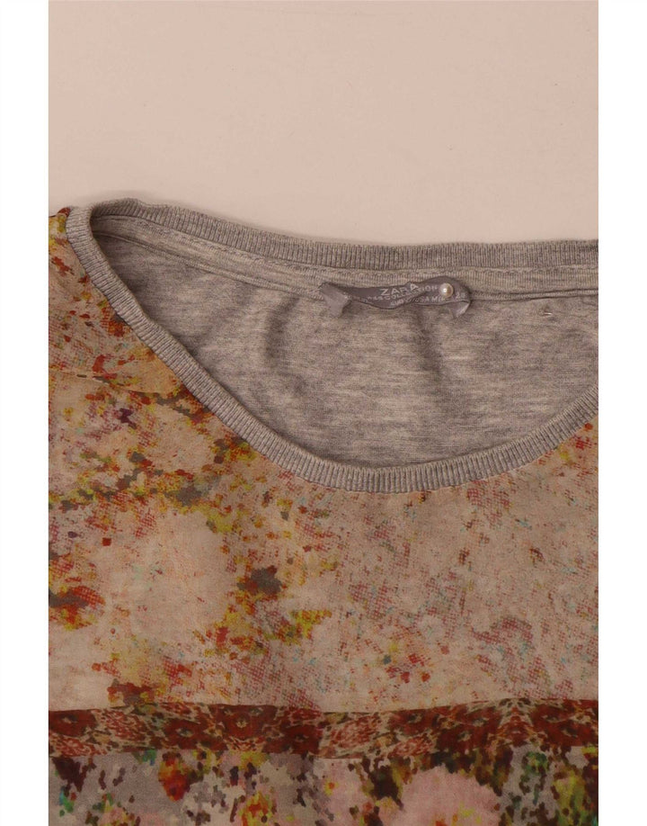 Zara Mujer Blusa Top UK 44 Gris Medio Floral
