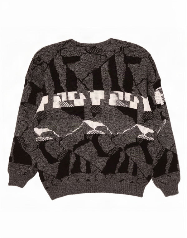 Vintage hombres V-cuello jumper suéter XL gris geométrico acrílico