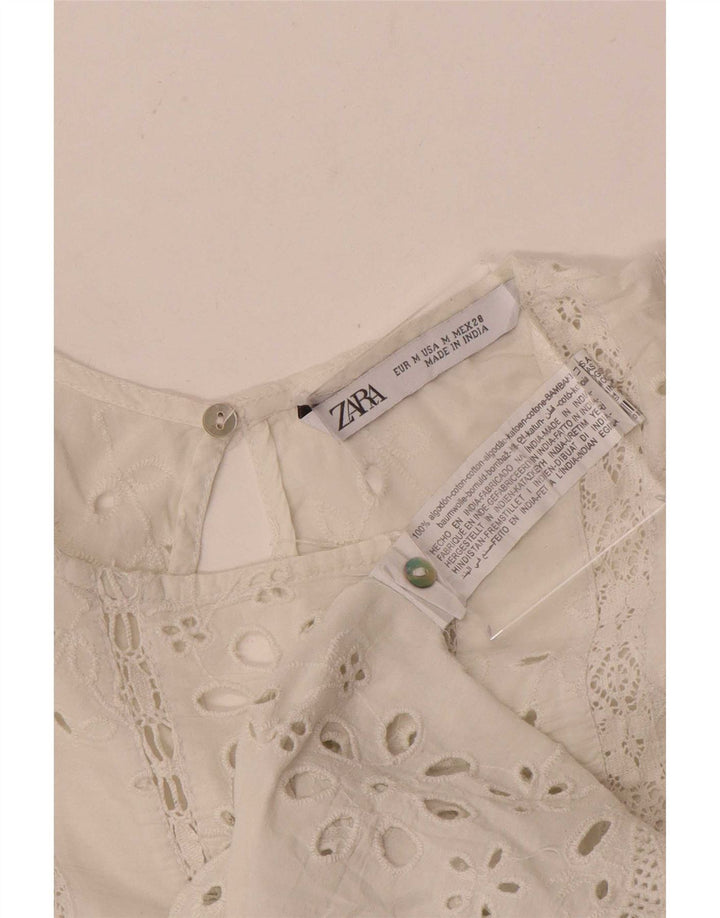 Zara Mujer Blusa Manga 3/4 Top UK 42 Medio Algodón Blanco