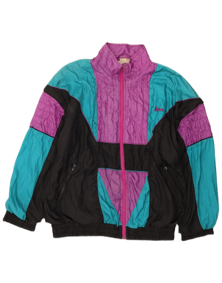 Vintage hombres chándal top chaqueta mediana negro colorblock nylon