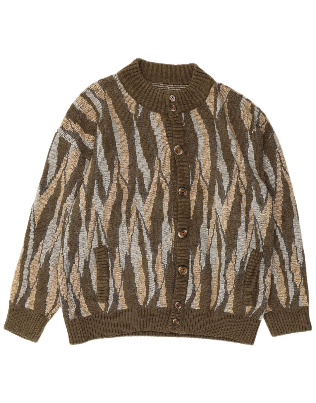 Vintage hombres Cardigan suéter grande caqui rayas acrílico