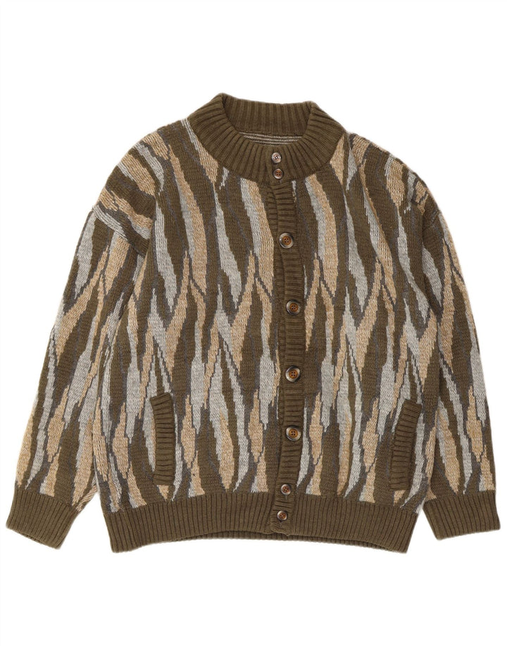 Vintage hombres Cardigan suéter grande caqui rayas acrílico