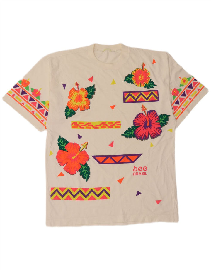 Vintage hombres camiseta gráfica top medio blanco floral