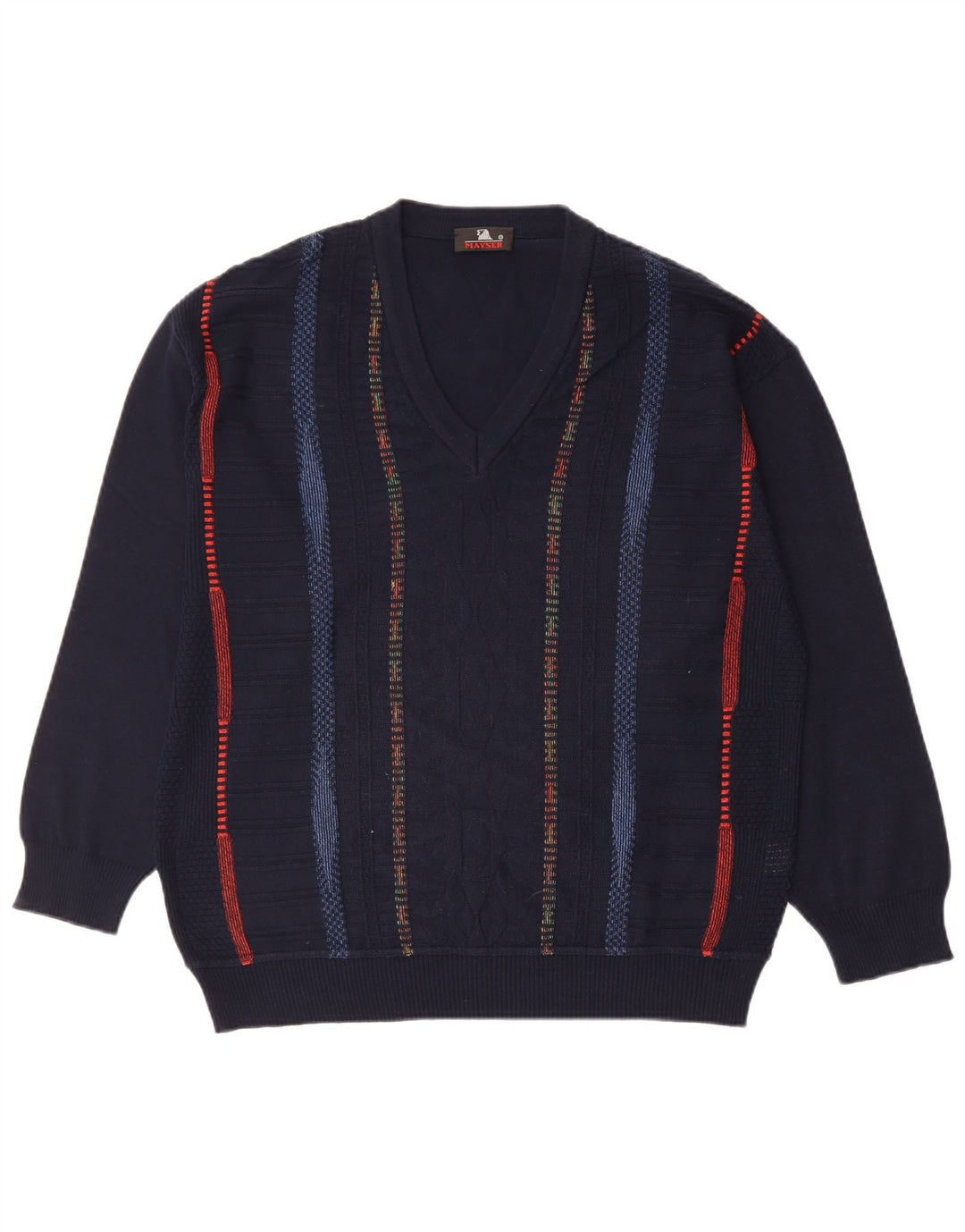 MAYSER Mens V-Neck Jumper Sweater IT 50 Medium Navy Blue Striped