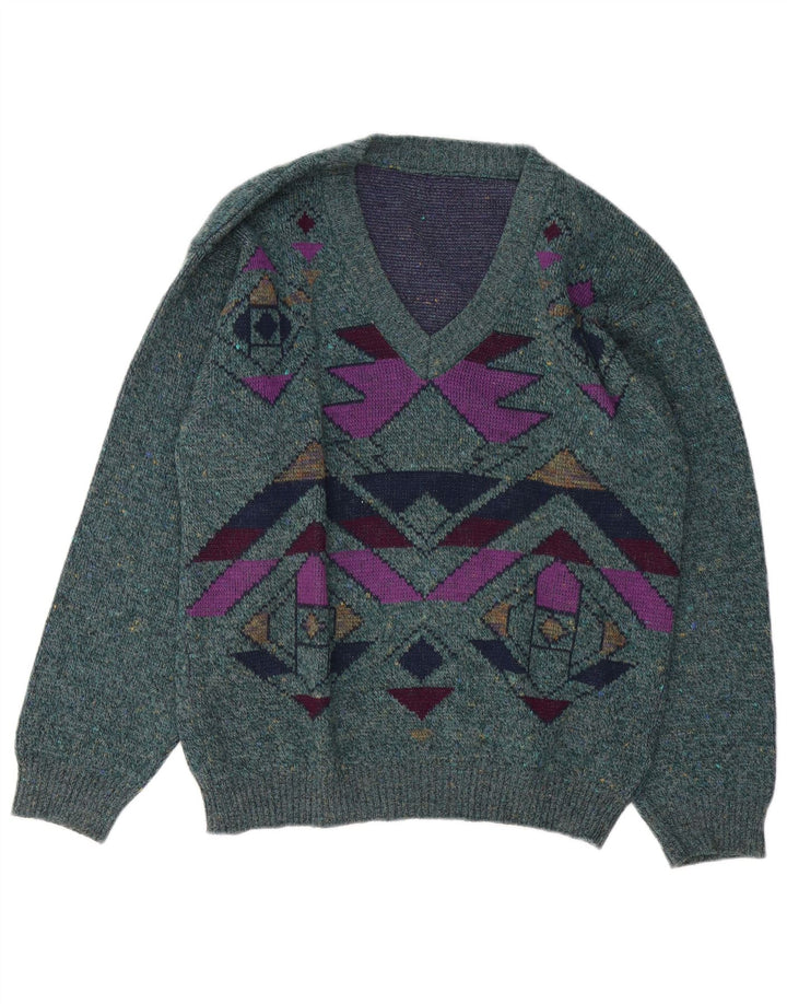 Vintage hombres V-cuello jumper suéter grande verde geométrico