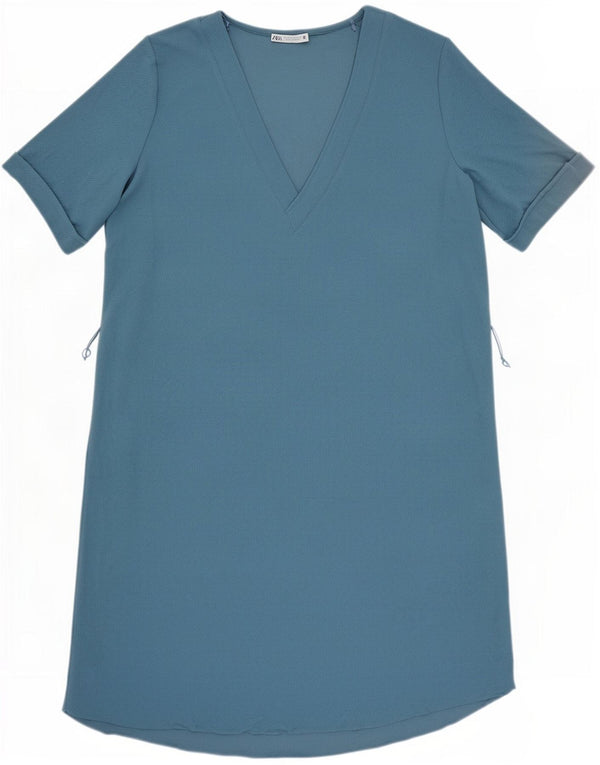 Zara Vestido recto de manga corta para mujer UK 44 Poliéster azul medio