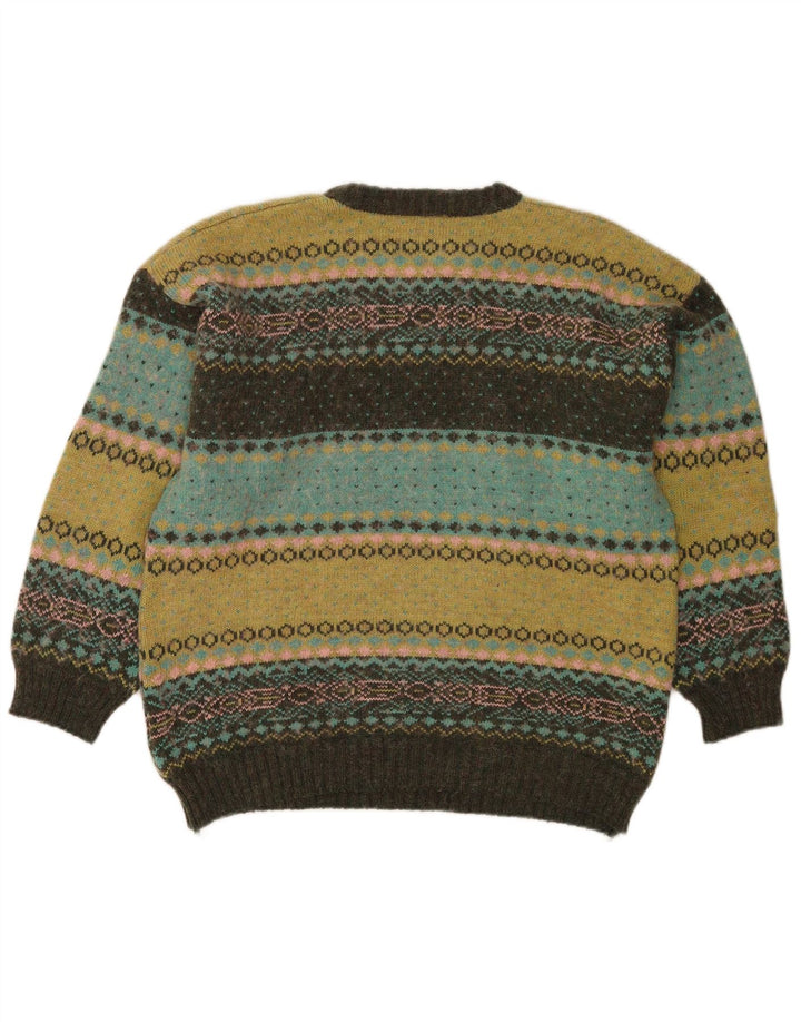 Vintage hombres cuello redondo jersey suéter medio multicolor Fair Isle