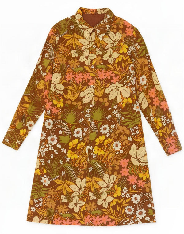 Vestido vintage de manga larga para mujer UK 40 Small Brown Floral