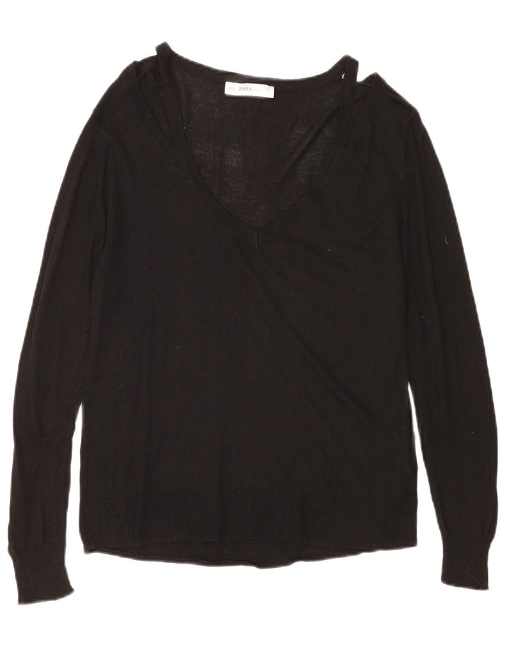 Zara - Jersey con cuello en V para mujer, talla 40, talla mediana, viscosa negra