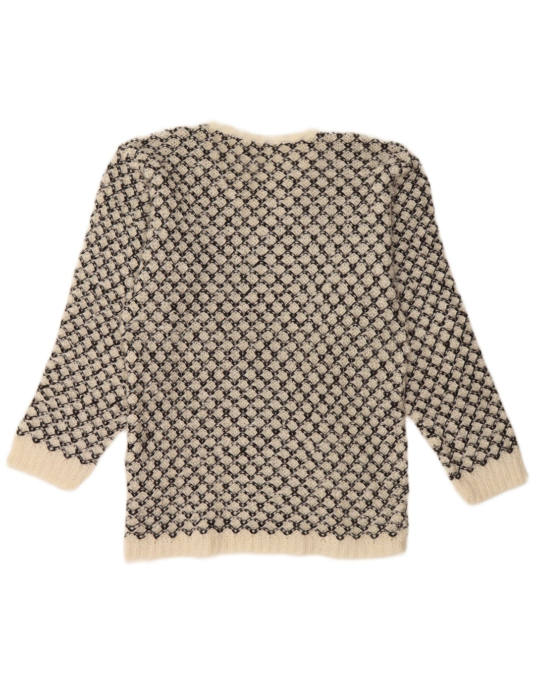 Vintage mujer V-cuello jumper suéter Reino Unido 14 medio apagado blanco geométrico