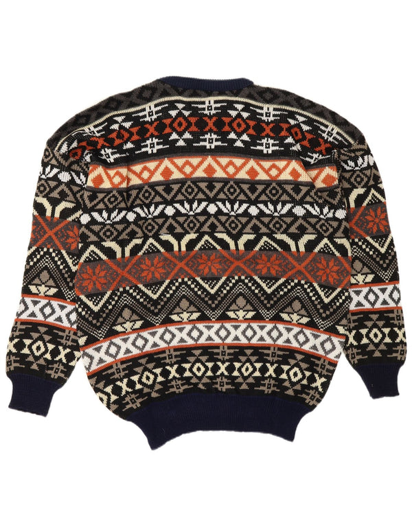 Vintage hombres cuello redondo jersey suéter grande azul marino Fair Isle acrílico