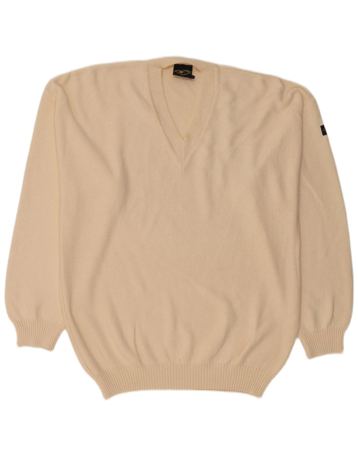 VINTAGE Hombres V-Cuello Jumper Suéter Grande Algodón Beige