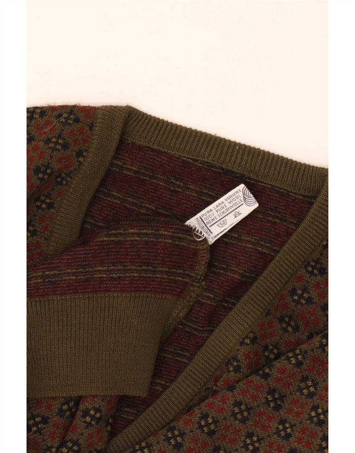 Vintage hombres V-cuello jumper suéter grande caqui lana geométrica