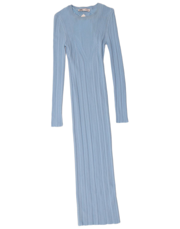 Zara Vestido Maxi De Manga Larga para Mujer UK 42 Nylon Azul Medio
