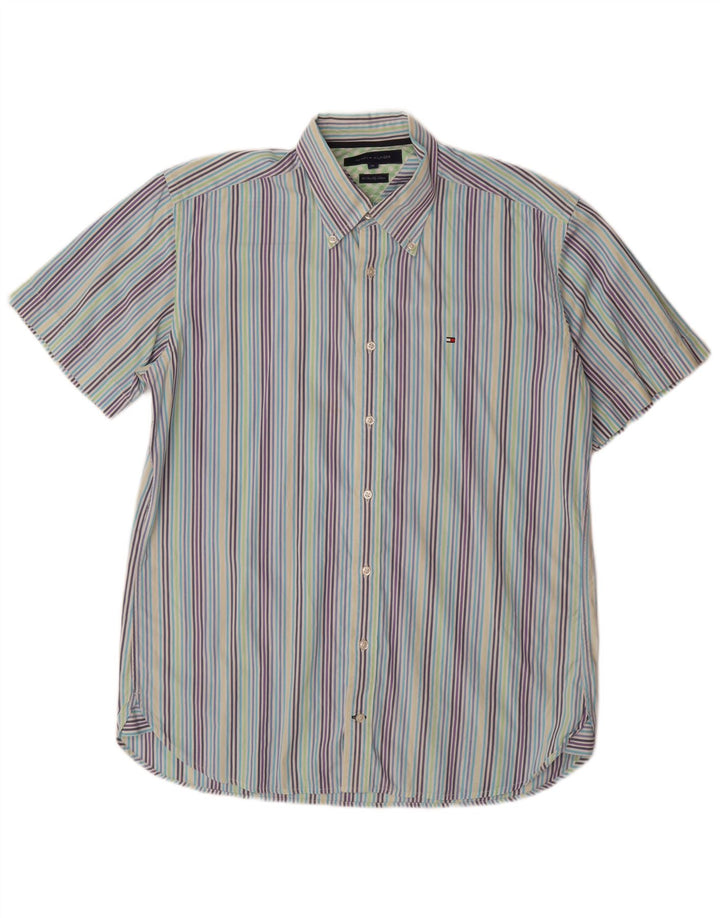 TOMMY HILFIGER Mens Short Sleeve Shirt Medium Multicoloured Pinstripe 80s