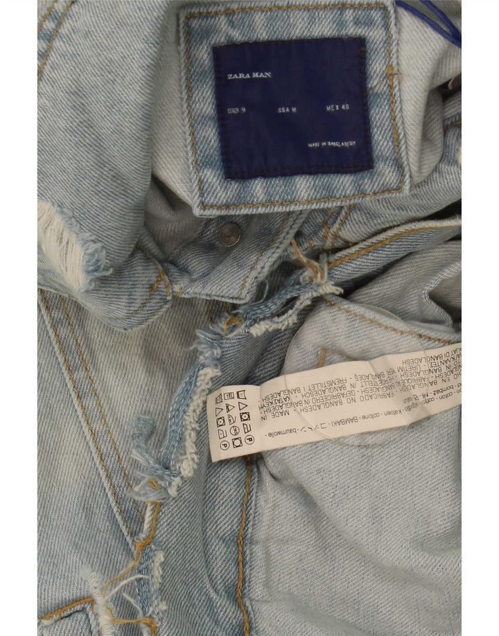 Zara Mens Chaleco Denim Desgastado UK 38 Algodón Azul Medio