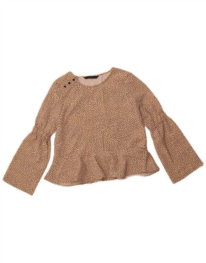ZARA Mujer Blusa Manga Larga Top UK 10 Small Beige Spotted Poliéster