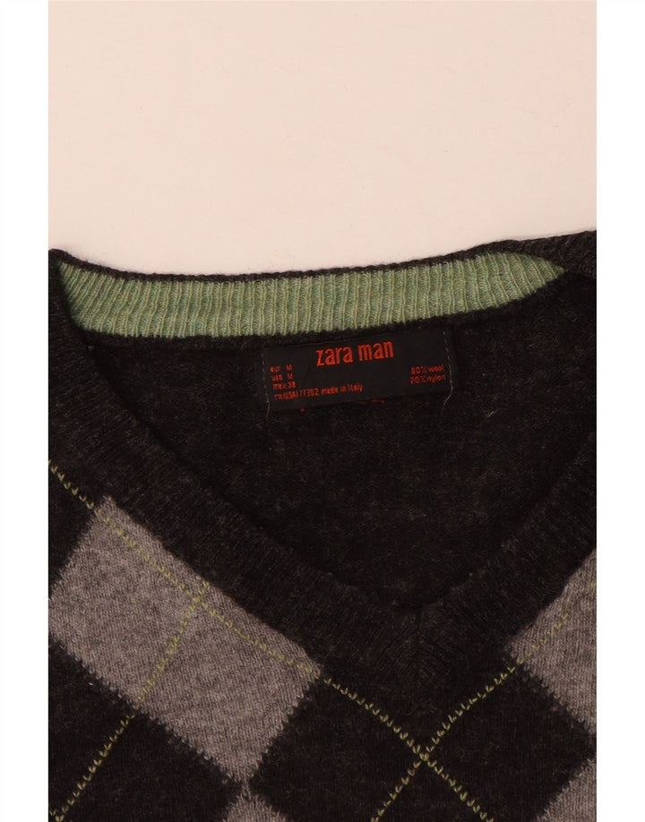 ZARA Hombre Jersey Con Cuello En V Gris Medio Argyle/Lana Diamante