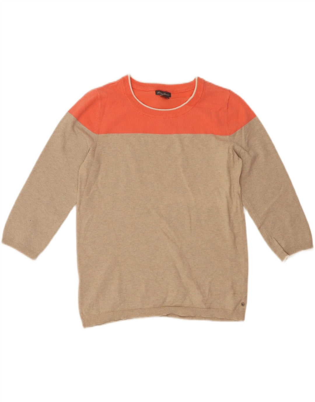 EDDIE BAUER Womens Crew Neck Jumper Sweater UK 14 Medium Beige Colourblock Vintage Eddie Bauer and Second-Hand Eddie Bauer from Messina Hembry 