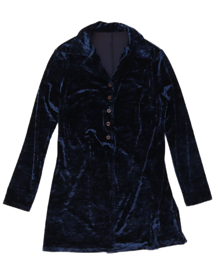 Vintage mujer longline camisa blusa IT 44 medio azul marino poliéster