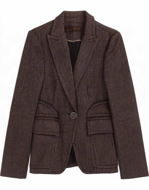 Zara Mujer Chaqueta Blazer De 1 Botón UK 8 Small Gris Espiga Poliéster