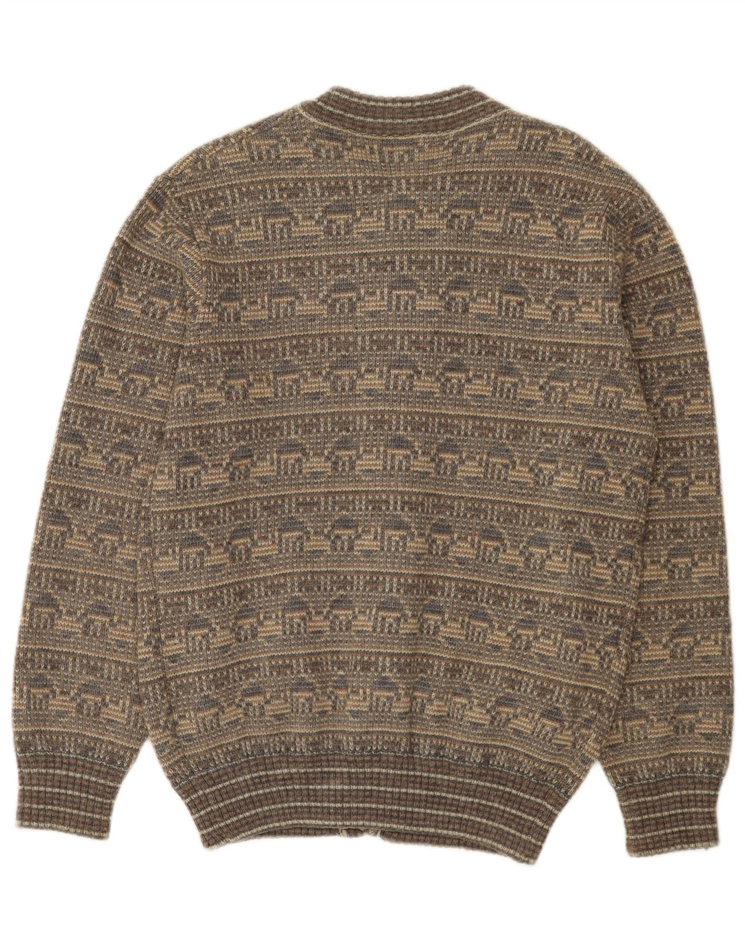 Vintage hombres Cardigan suéter medio gris Fair Isle lana