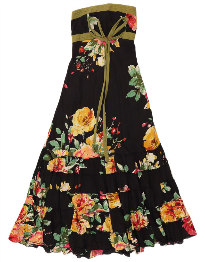VINTAGE Mujer Maxi Vestido Sin Tirantes Reino Unido 14 Algodón Floral Negro Medio