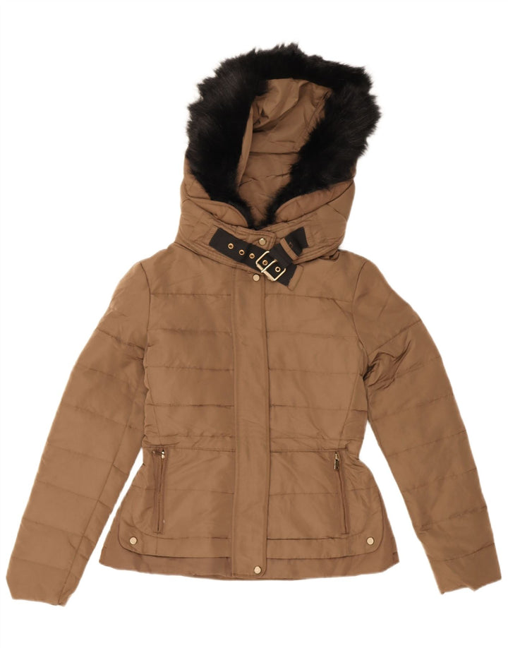 Zara Mujer Chaqueta Acolchada Con Capucha UK 10 Small Marrón