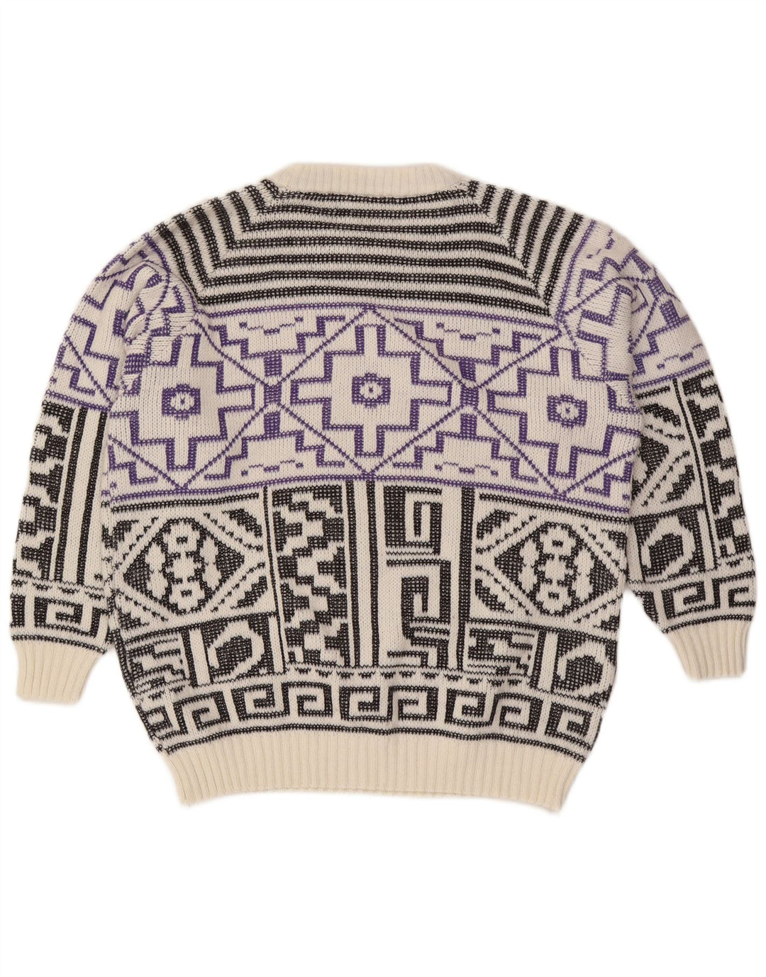 Vintage hombres cuello redondo jersey suéter grande blanco geométrico lana