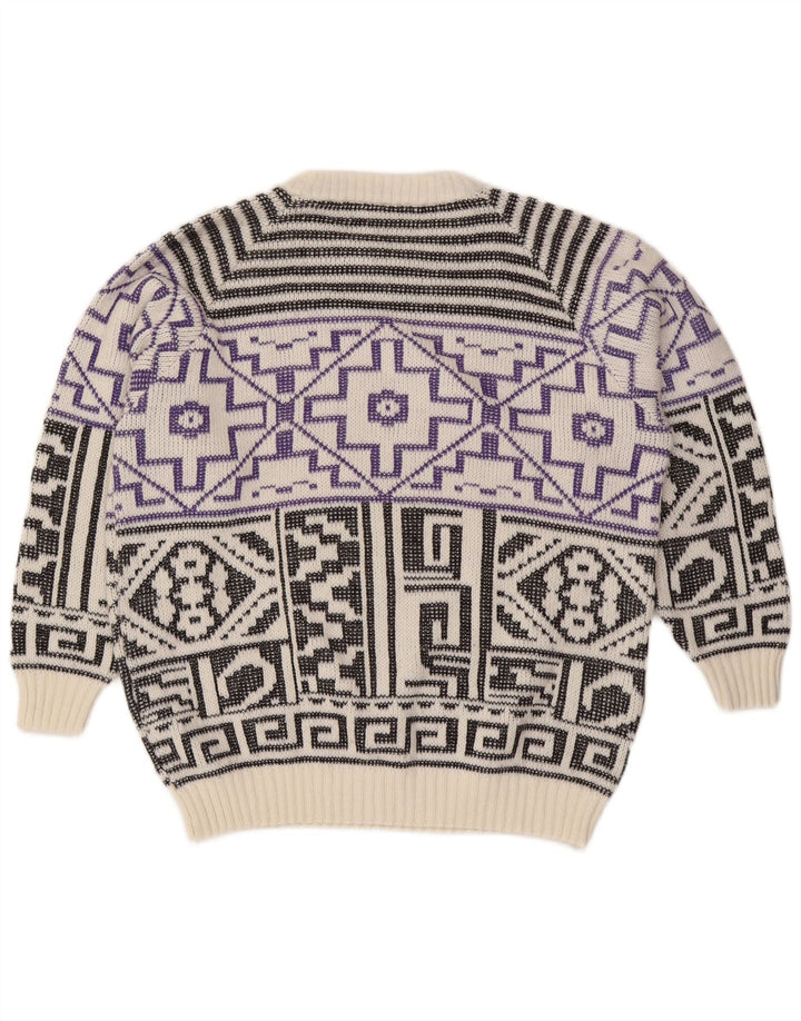 Vintage hombres cuello redondo jersey suéter grande blanco geométrico lana