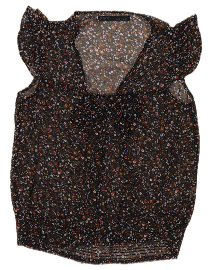 ZARA Top transparente sin mangas con pajarita para mujer UK 40 Small Black Floral
