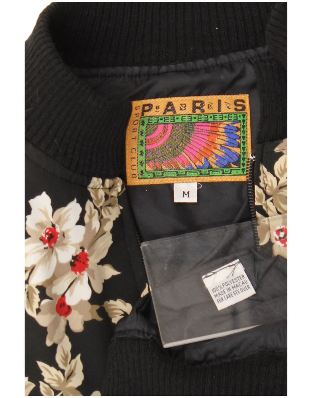 Vintage mujer suelta ajuste bomber chaqueta Reino Unido 14 medio negro floral poliéster