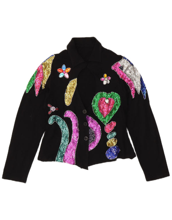 VINTAGE Mujer Crop Shirt Blusa Reino Unido 12 Medio Negro Floral Spandex