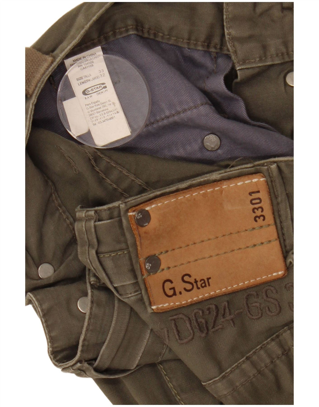 G-STAR Mujer 3301 Pantalones Cargo Rectos W33 L32 Algodón Caqui